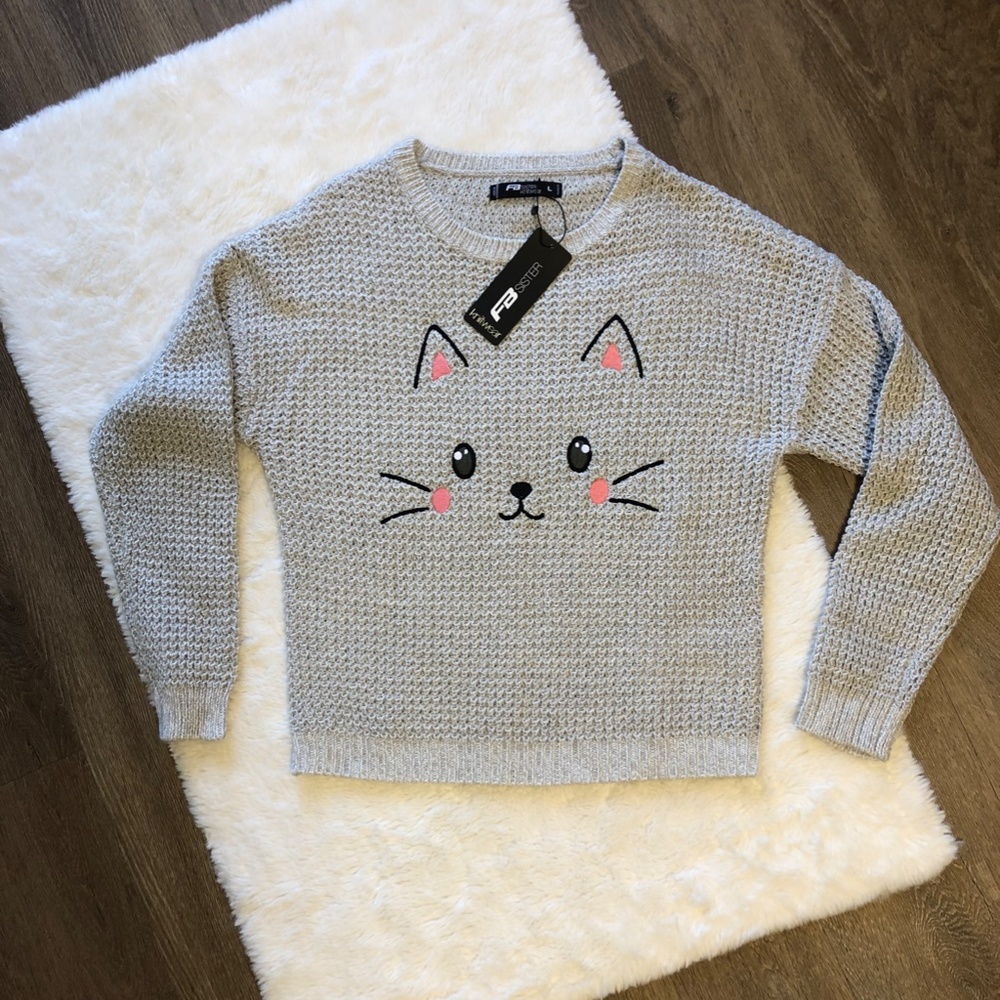 Gray kitty sweater, size L